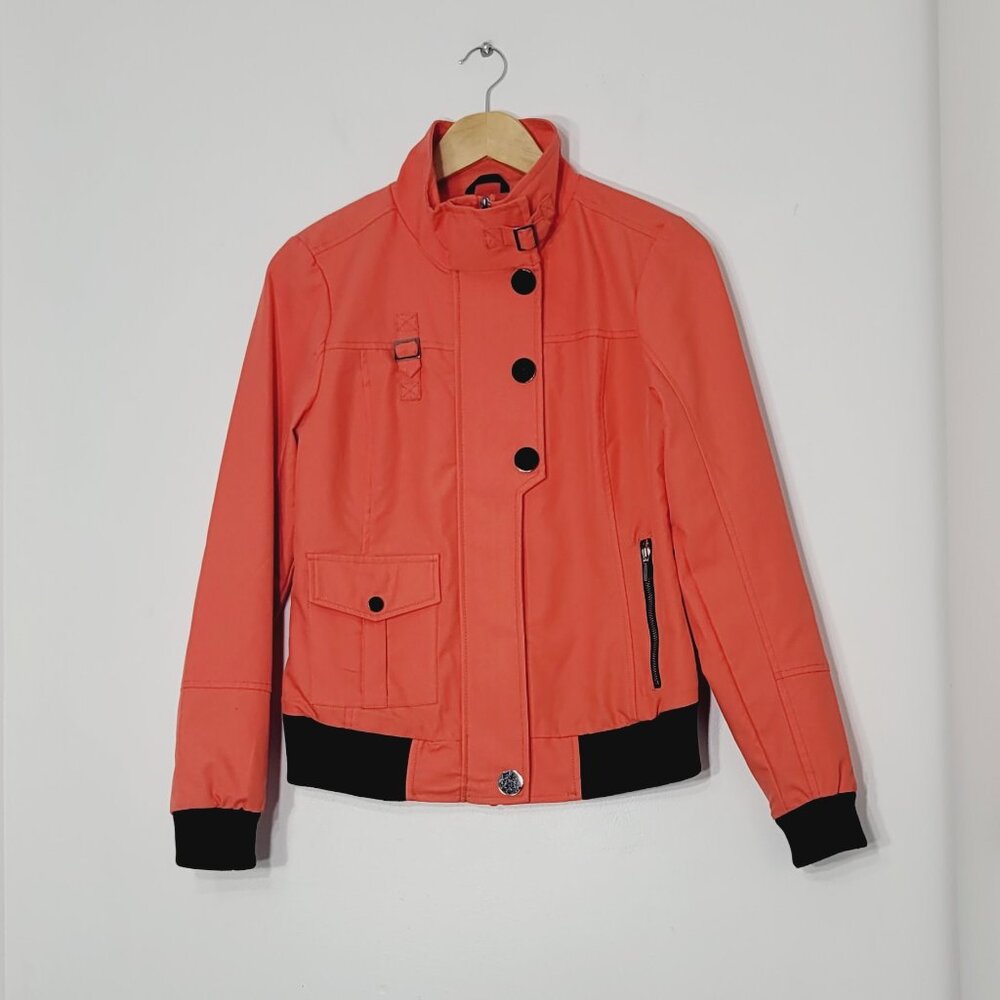 Schwiing Orange Coral Cotton Blend Snap Zip Up Black Trim Jacket Size XSmall